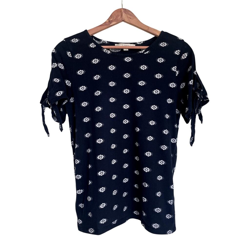 LOFT Ditsy Navy Blue Tie Sleeve Floral Print Crewneck Tee Shirt M Summer Spring - Picture 2 of 6